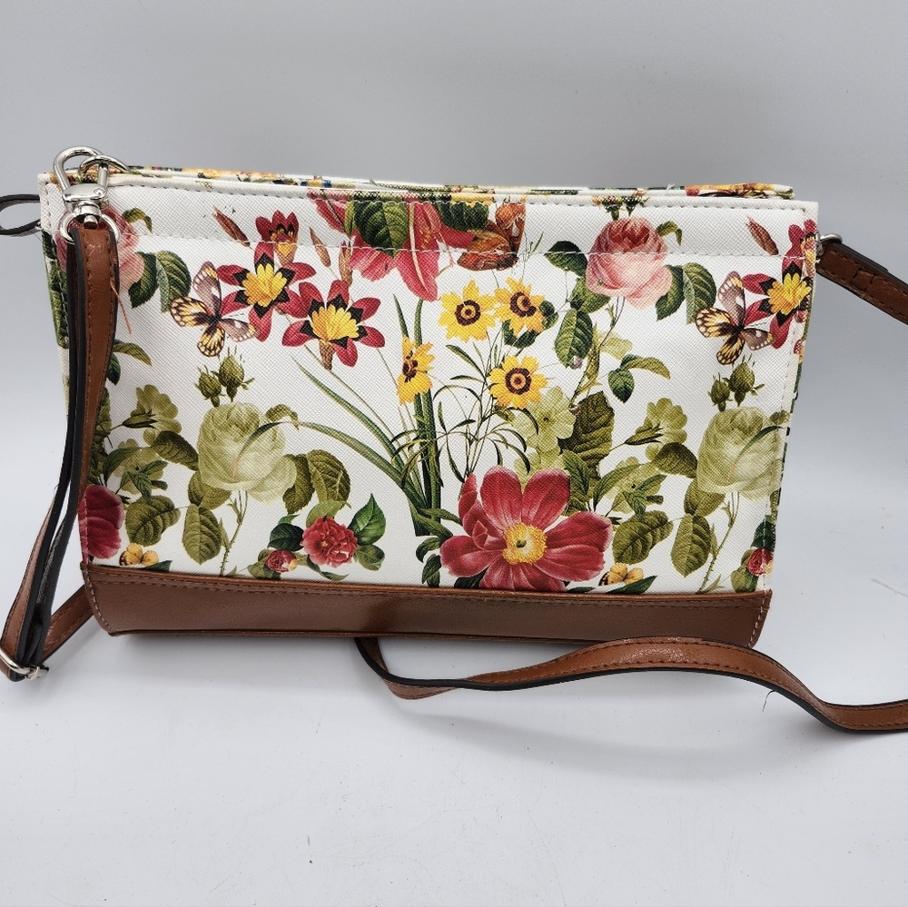 Bueno Floral/ Botanical Crossbody Bag with Brown Strap - Picture 3 of 6